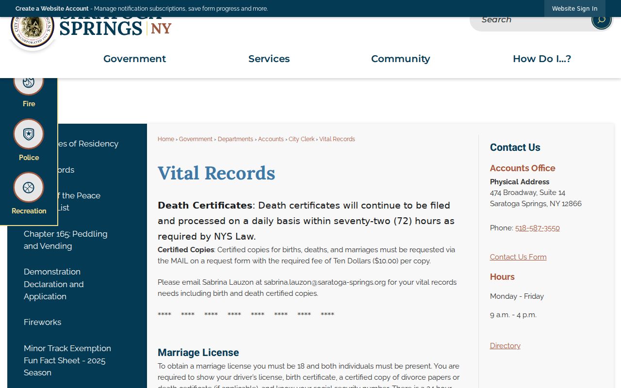 Saratoga Springs residents directory city vital records information