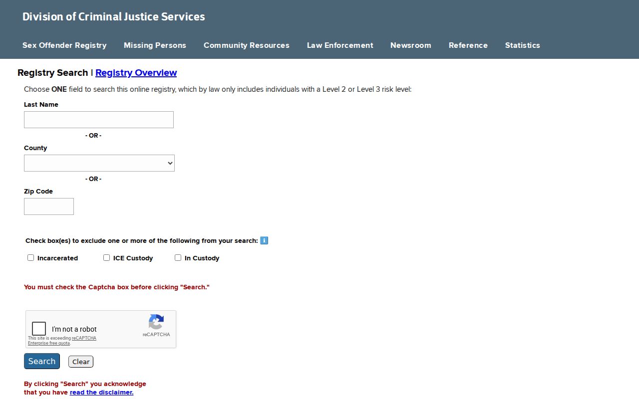 Saratoga Springs ZIP code option in the New York sex offender search