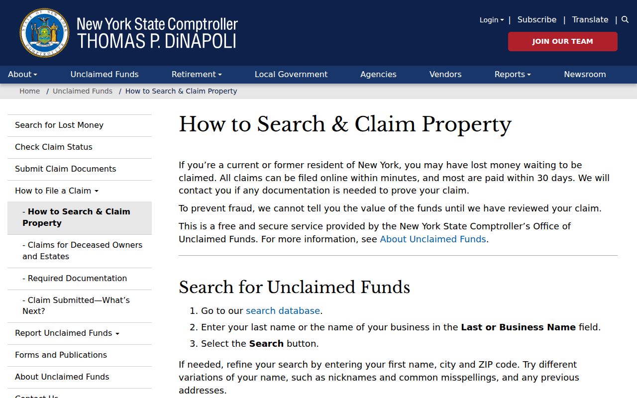 Saratoga Springs ZIP code filter in the New York unclaimed funds search